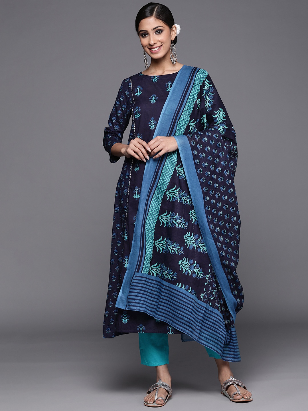 

Indo Era Women Navy Blue & Sea Green Floral Print Kurta with Trousers & Dupatta