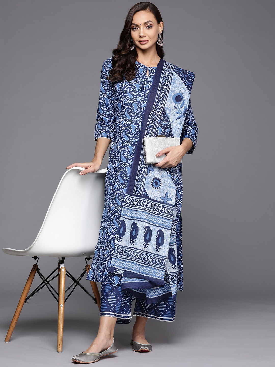 

Indo Era Women Blue Paisley Printed Kurta with Palazzos & With Dupatta