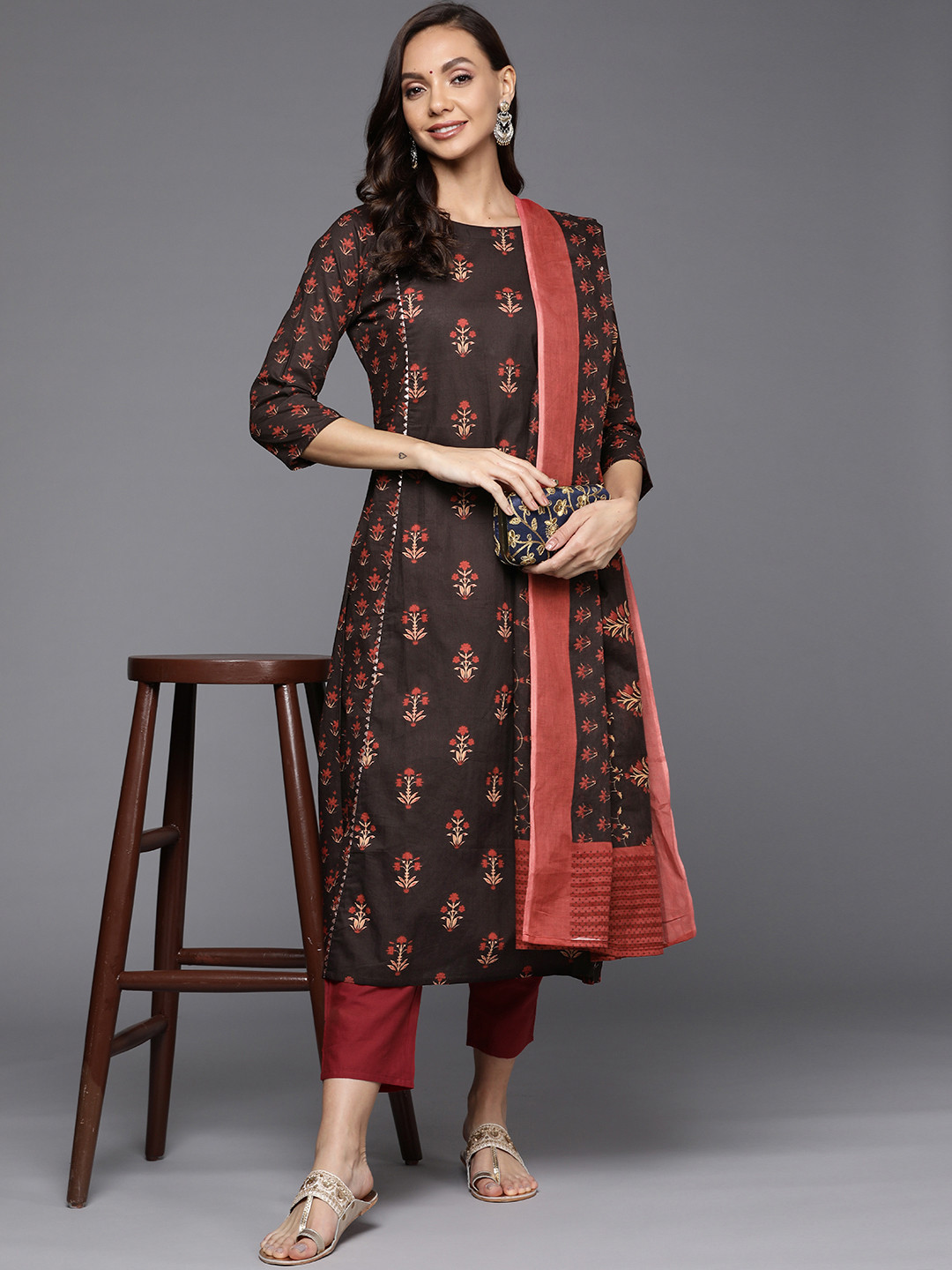 

Indo Era Women Ethnic Motifs Printed Kurta with Trousers & With Dupatta, Maroon