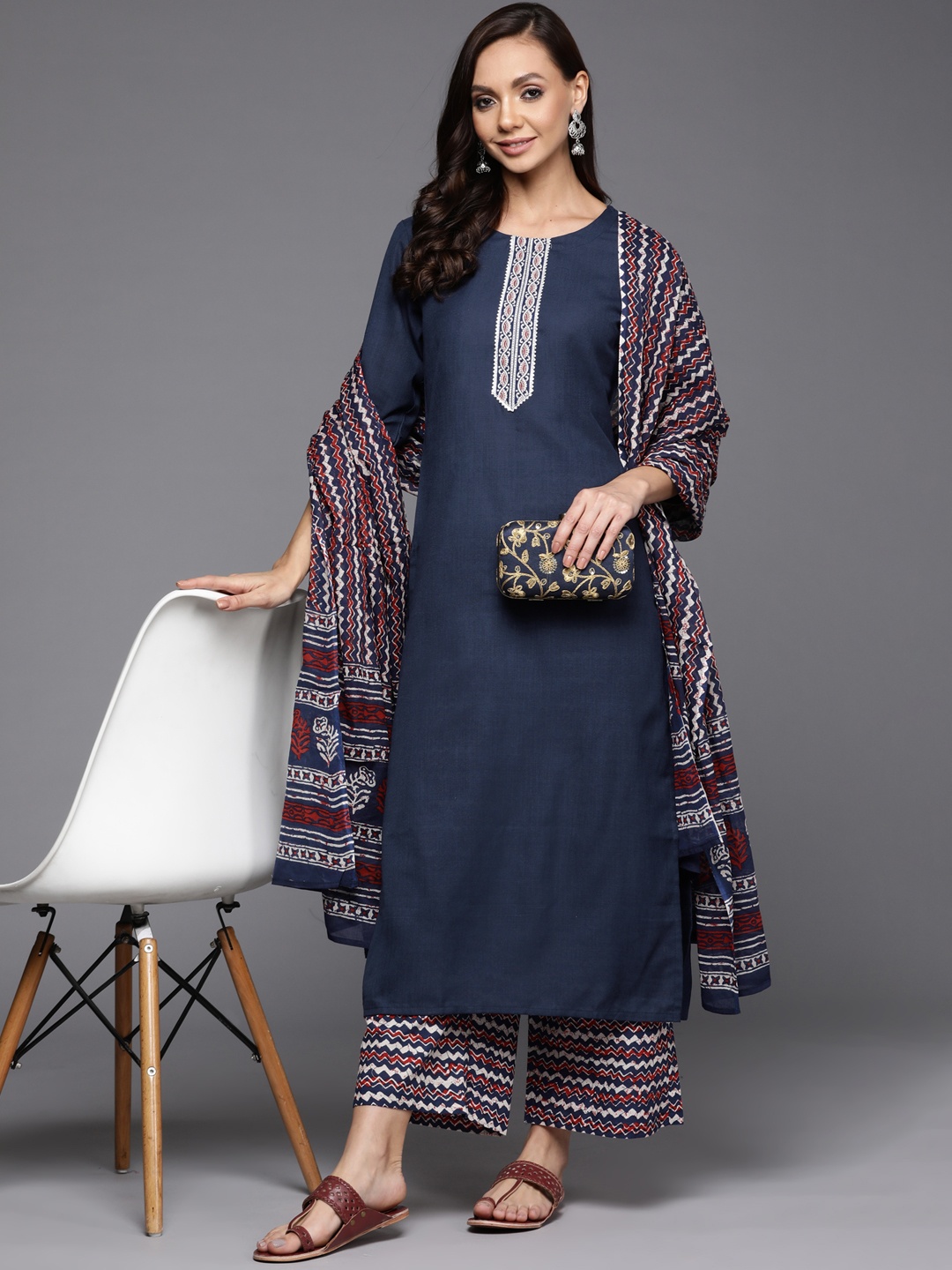 

Indo Era Women Navy Blue Gotta Patti Kurta with Palazzos & With Dupatta