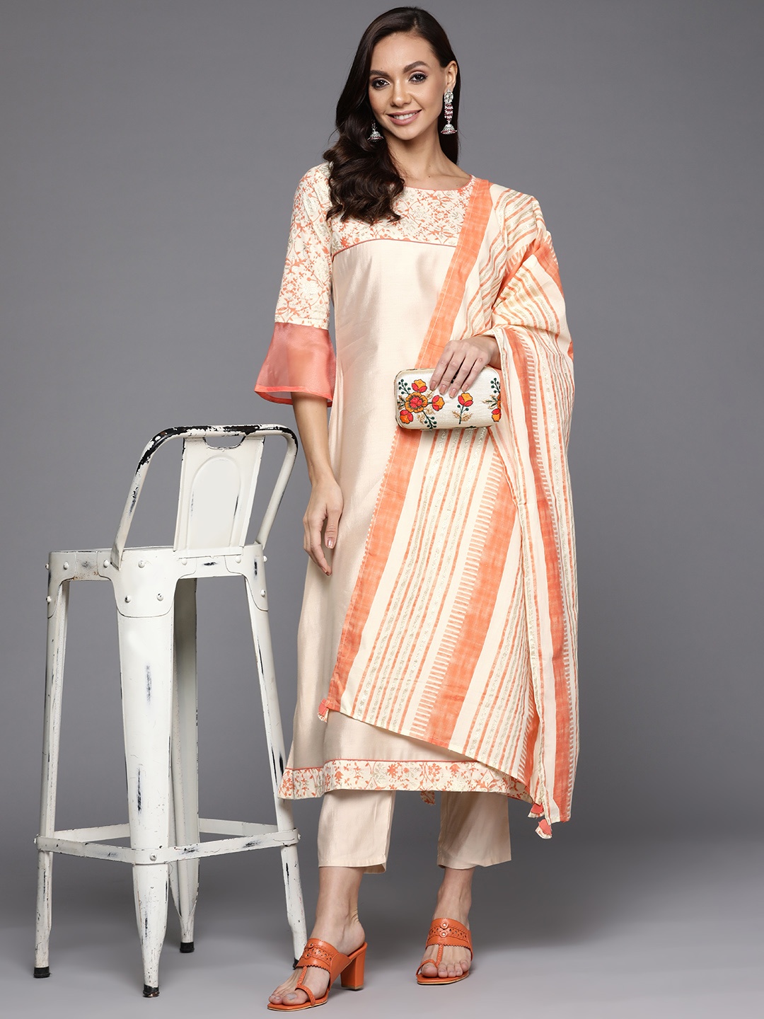 

Indo Era Women Cream-Coloured Floral Yoke Design Kurta with Palazzos & With Dupatta