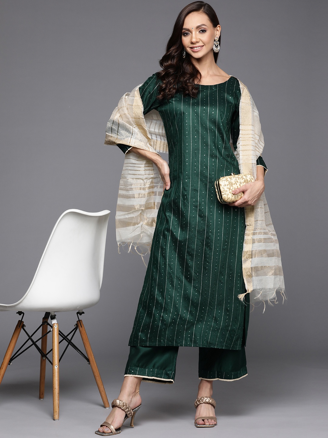 

Indo Era Women Green Embroidered Kurta with Palazzos & With Dupatta