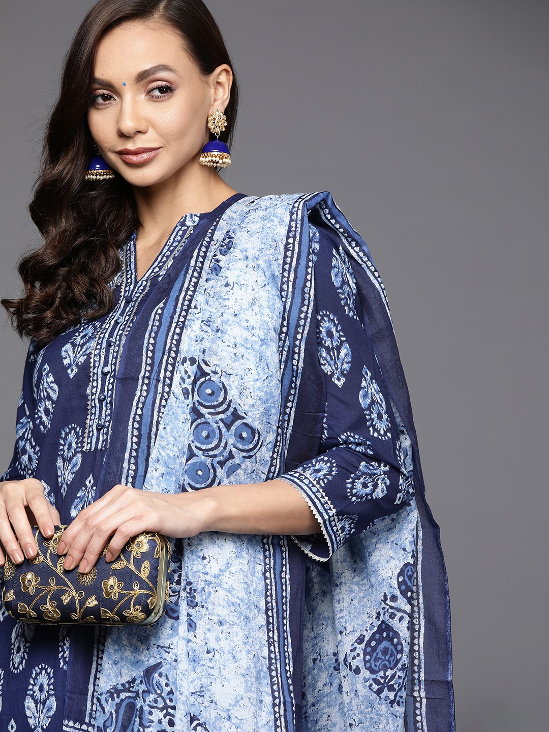

Indo Era Women Blue Ethnic Motifs Printed Kurta with Palazzos & With Dupatta