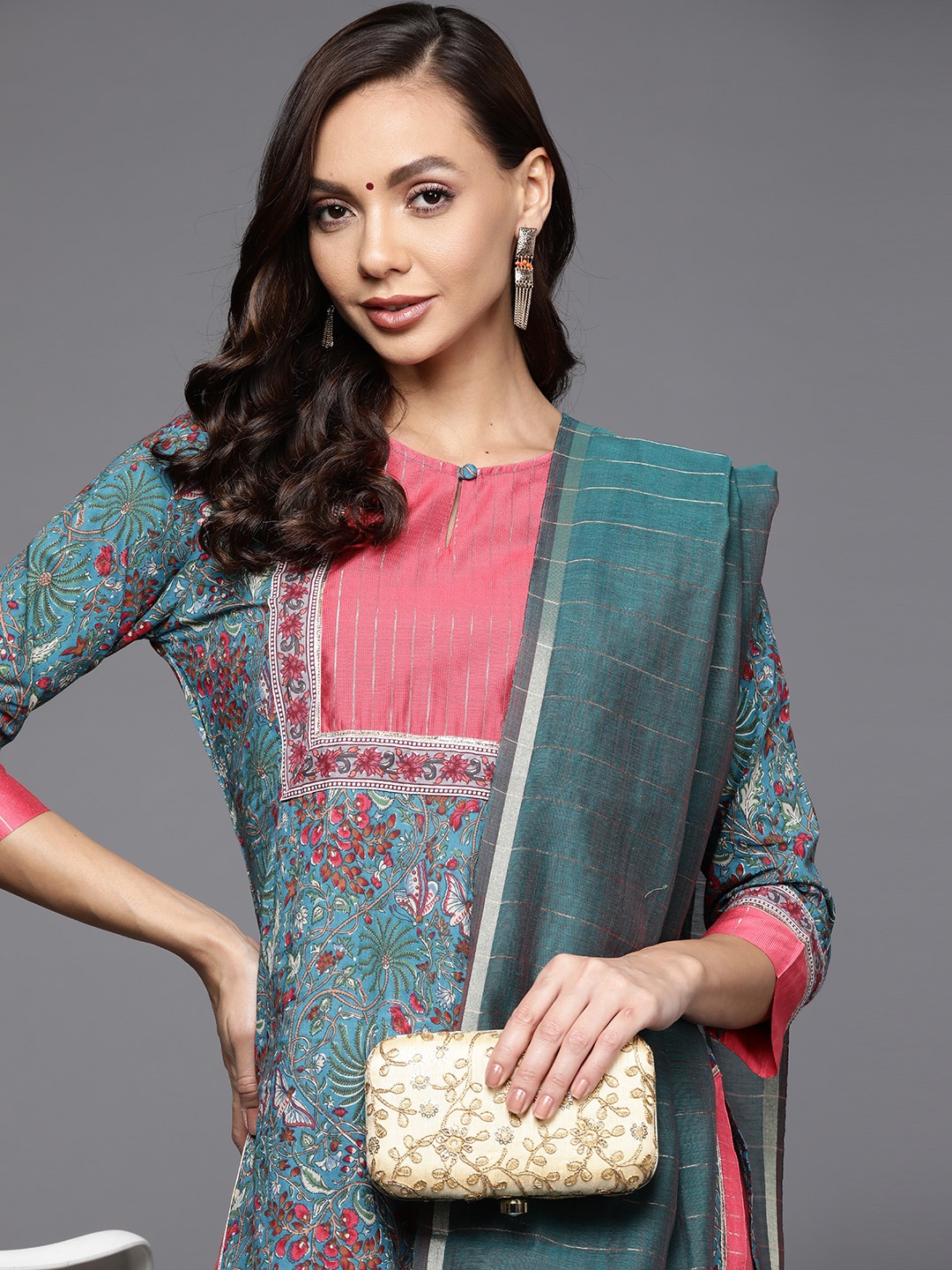 

Indo Era Women Blue Ethnic Motifs Printed Kurta with Palazzos & With Dupatta