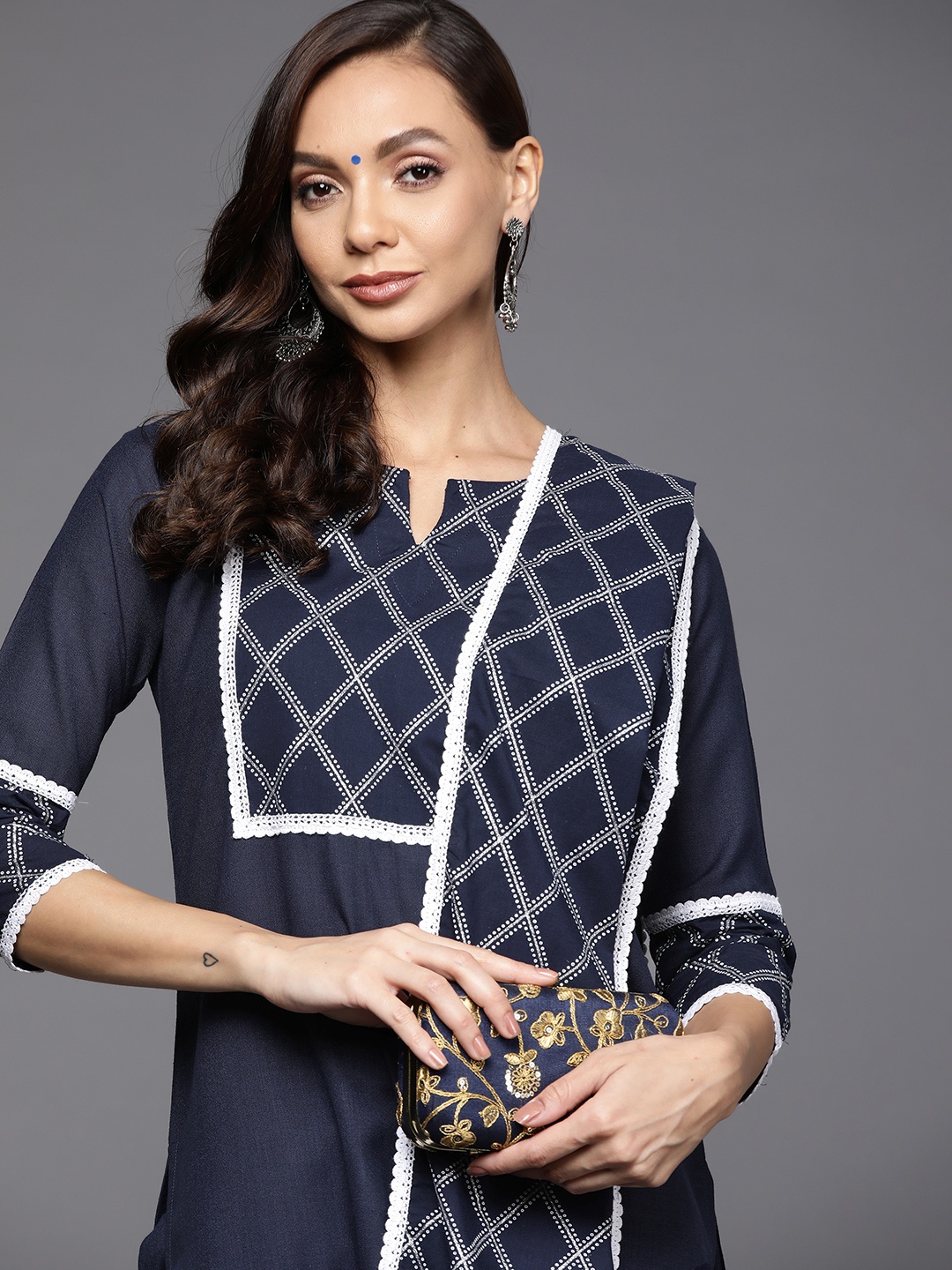 

Indo Era Women Navy Blue Kurta with Trousers & With Dupatta