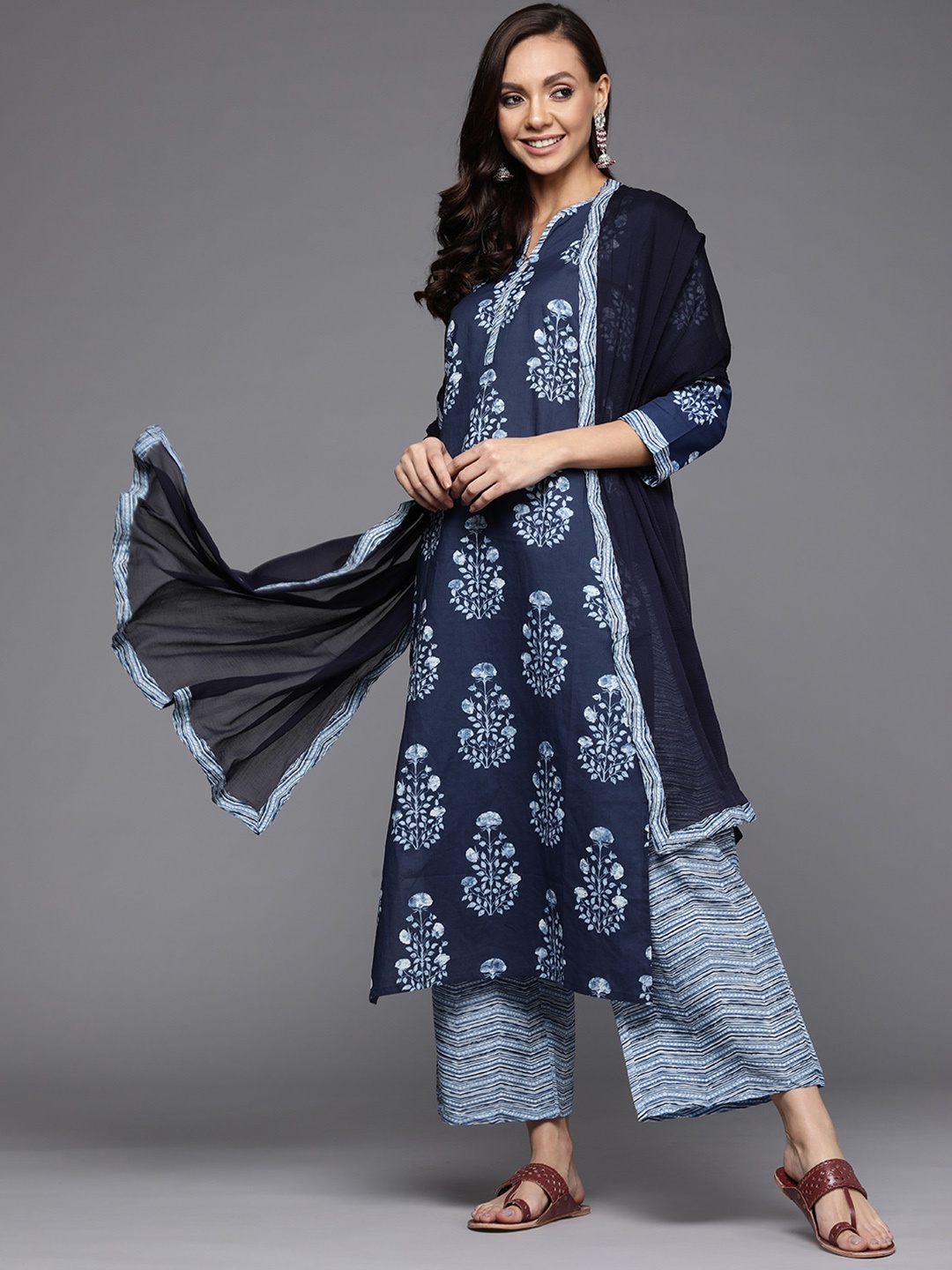 

Indo Era Women Navy Blue Floral Printed Pure Cotton Kurta with Palazzos & With Dupatta