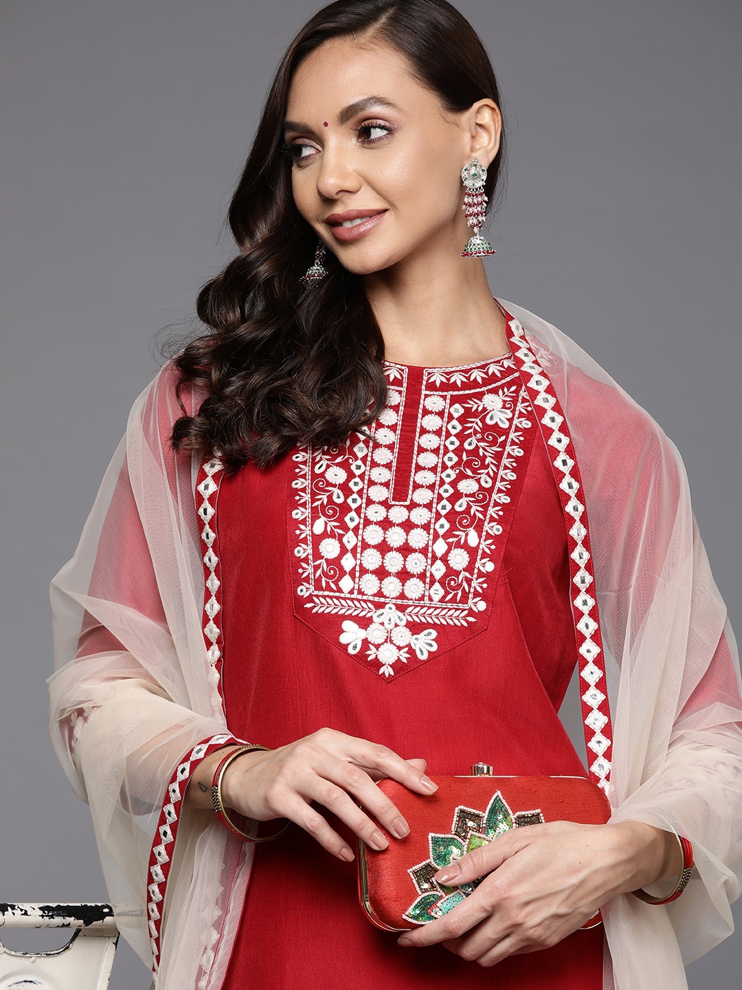 

Indo Era Women Red Ethnic Motifs Embroidered Kurta with Trousers & With Dupatta