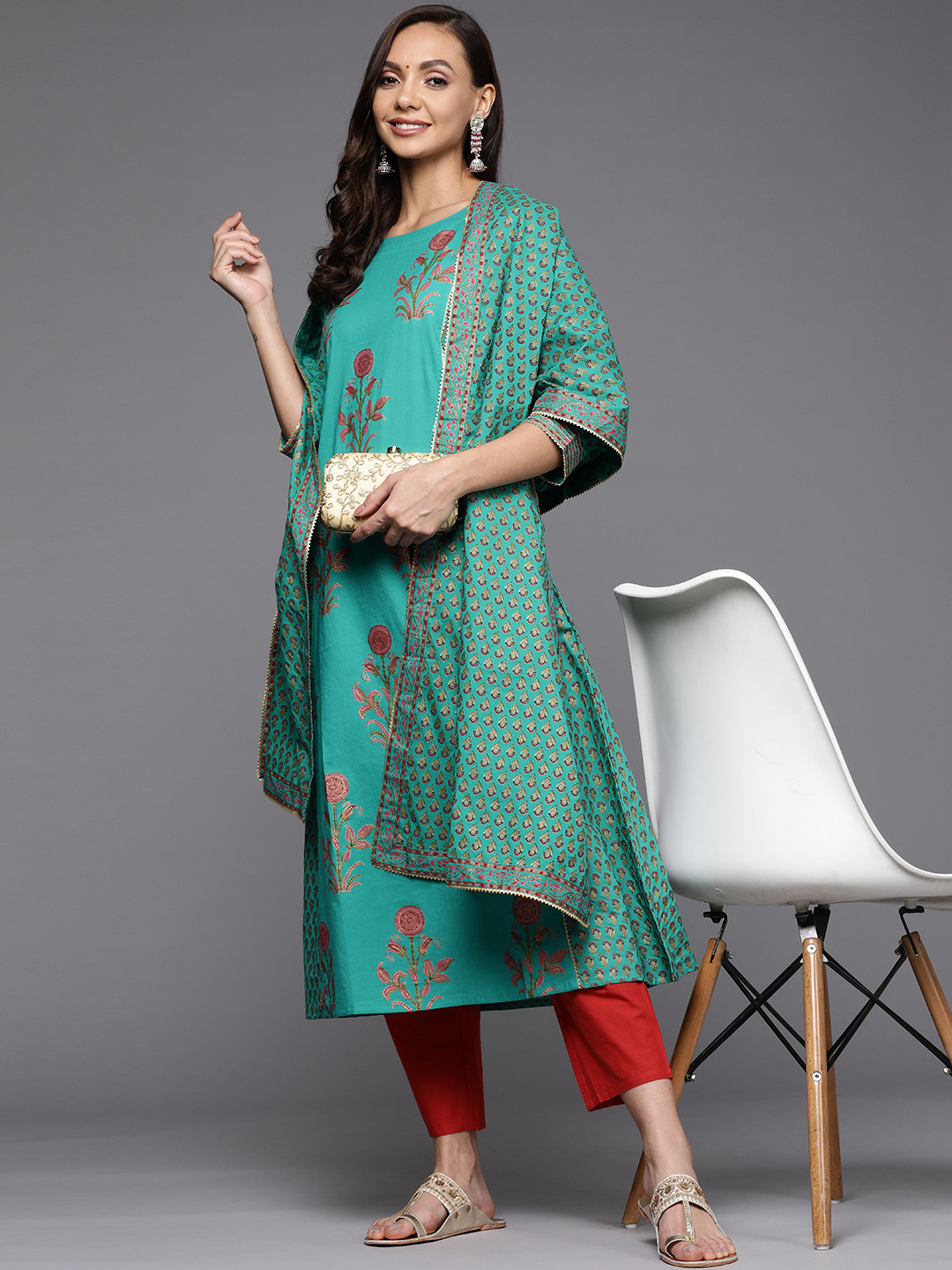 

Indo Era Women Sea Green Ethnic Motifs Printed Pure Cotton Kurta with Trousers & With Dupatta