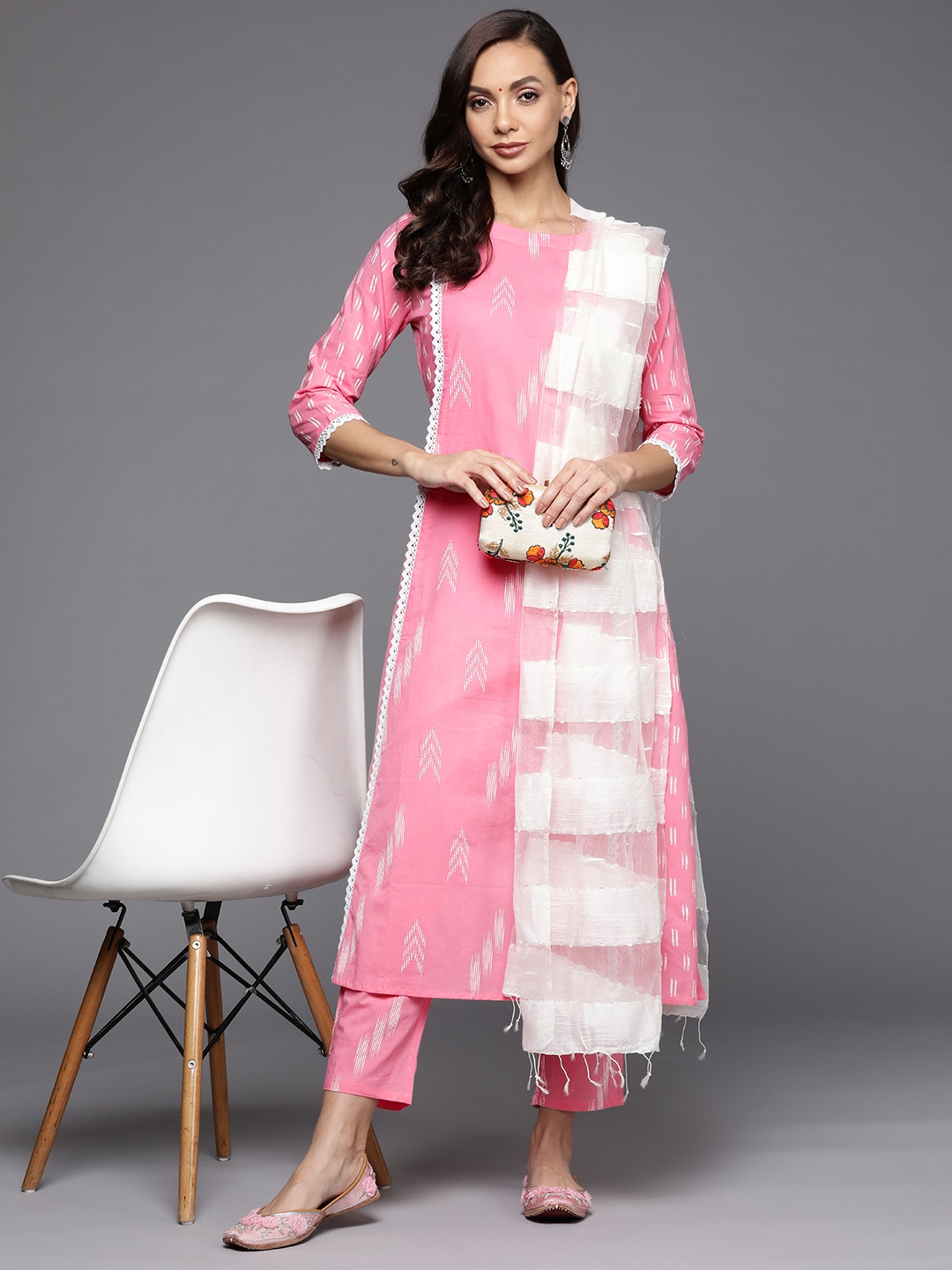 

Indo Era Women Pink Printed Kurta with Trousers & With Dupatta
