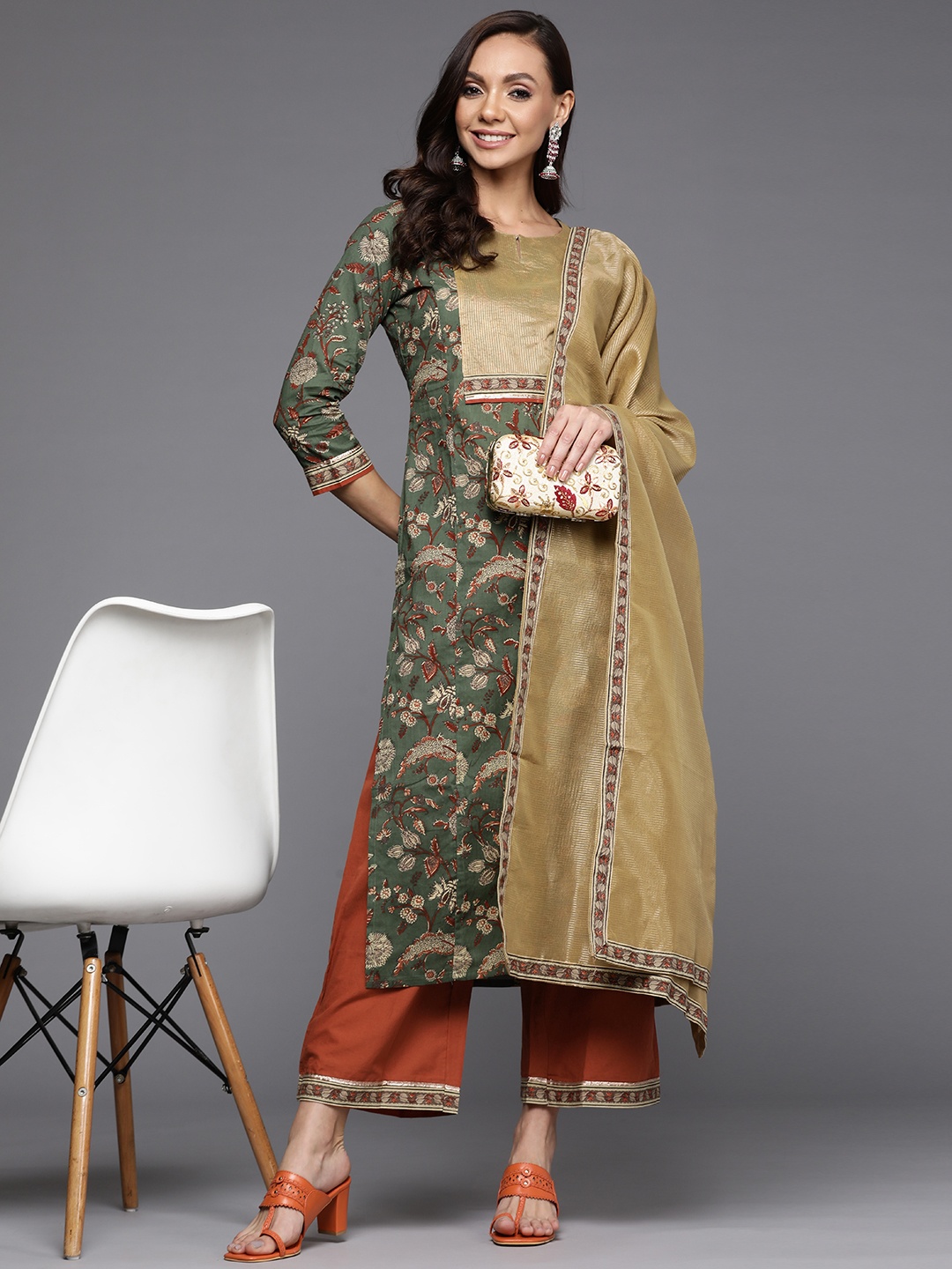 

Indo Era Women Green Pure Cotton Ethnic Motifs Printed Kurta with Palazzos & With Dupatta