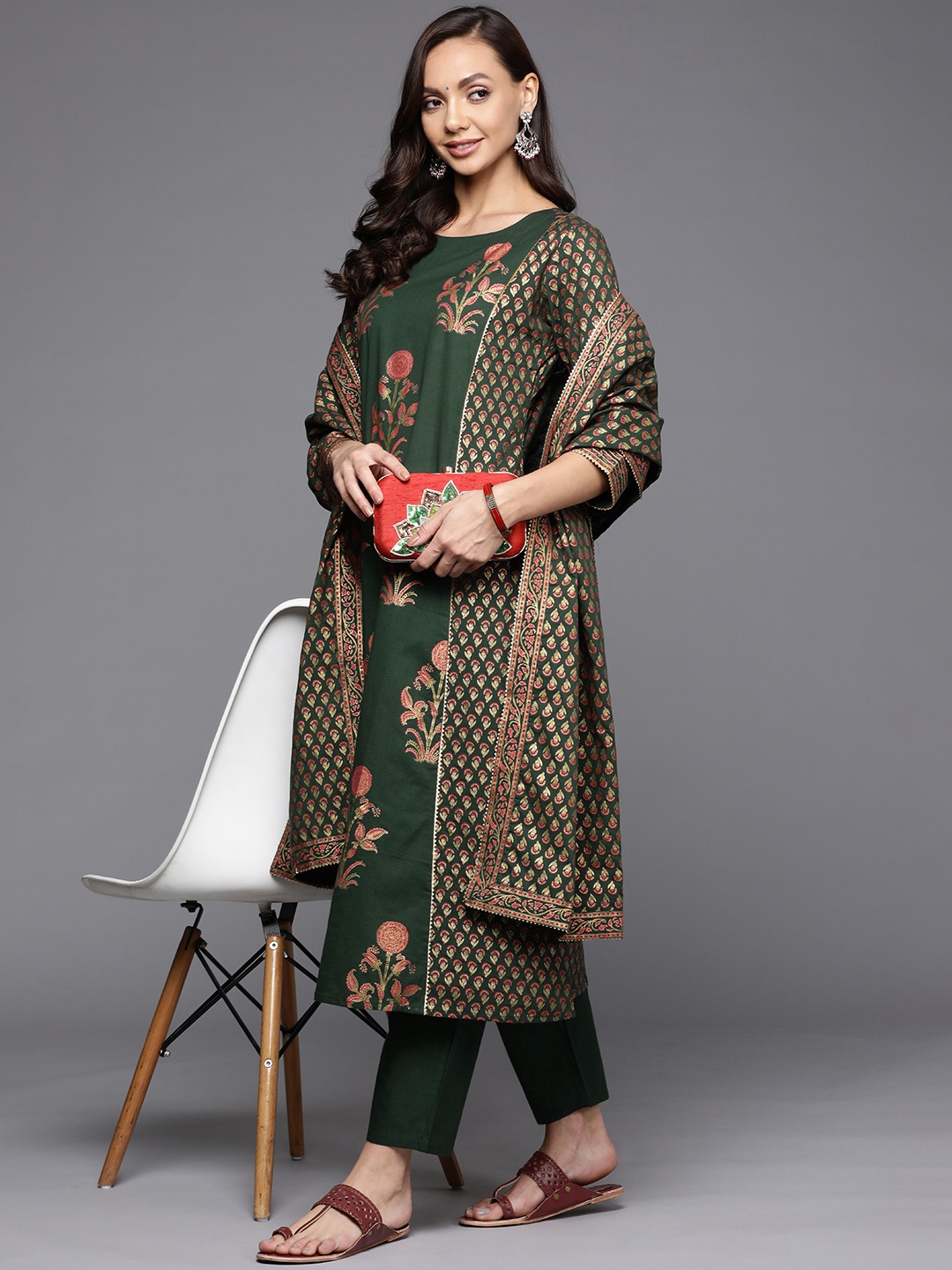 

Indo Era Women Green Ethnic Motifs Printed Kurta with Trousers & With Dupatta