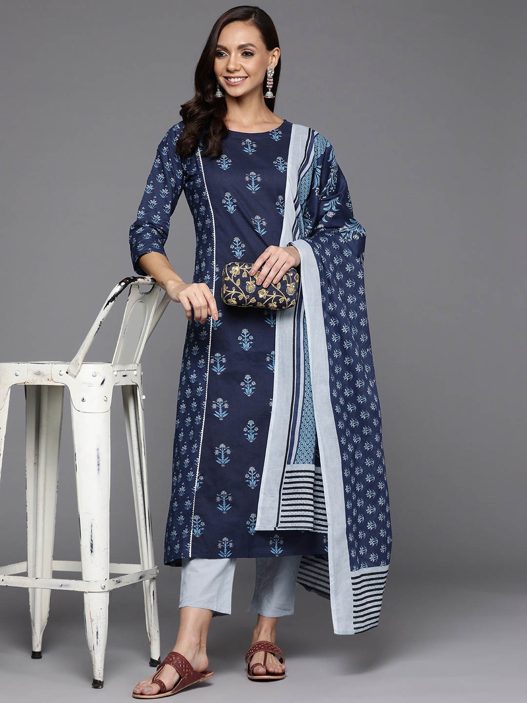 

Indo Era Women Navy Blue Ethnic Motifs Printed Gotta Patti Kurta with Trousers & With Dupatta