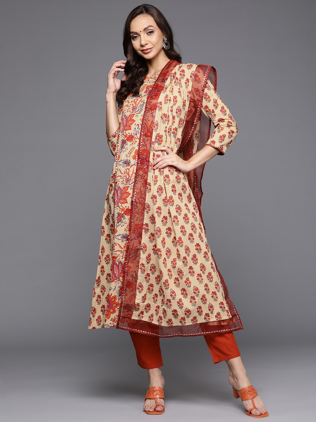 

Indo Era Women Beige Ethnic Motifs Printed Kurta with Trousers & With Dupatta