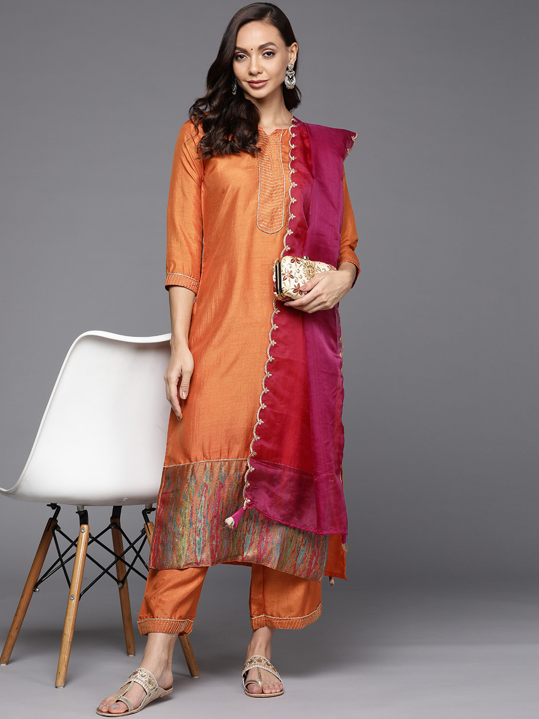 

Indo Era Women Orange Kurta with Palazzos & With Dupatta