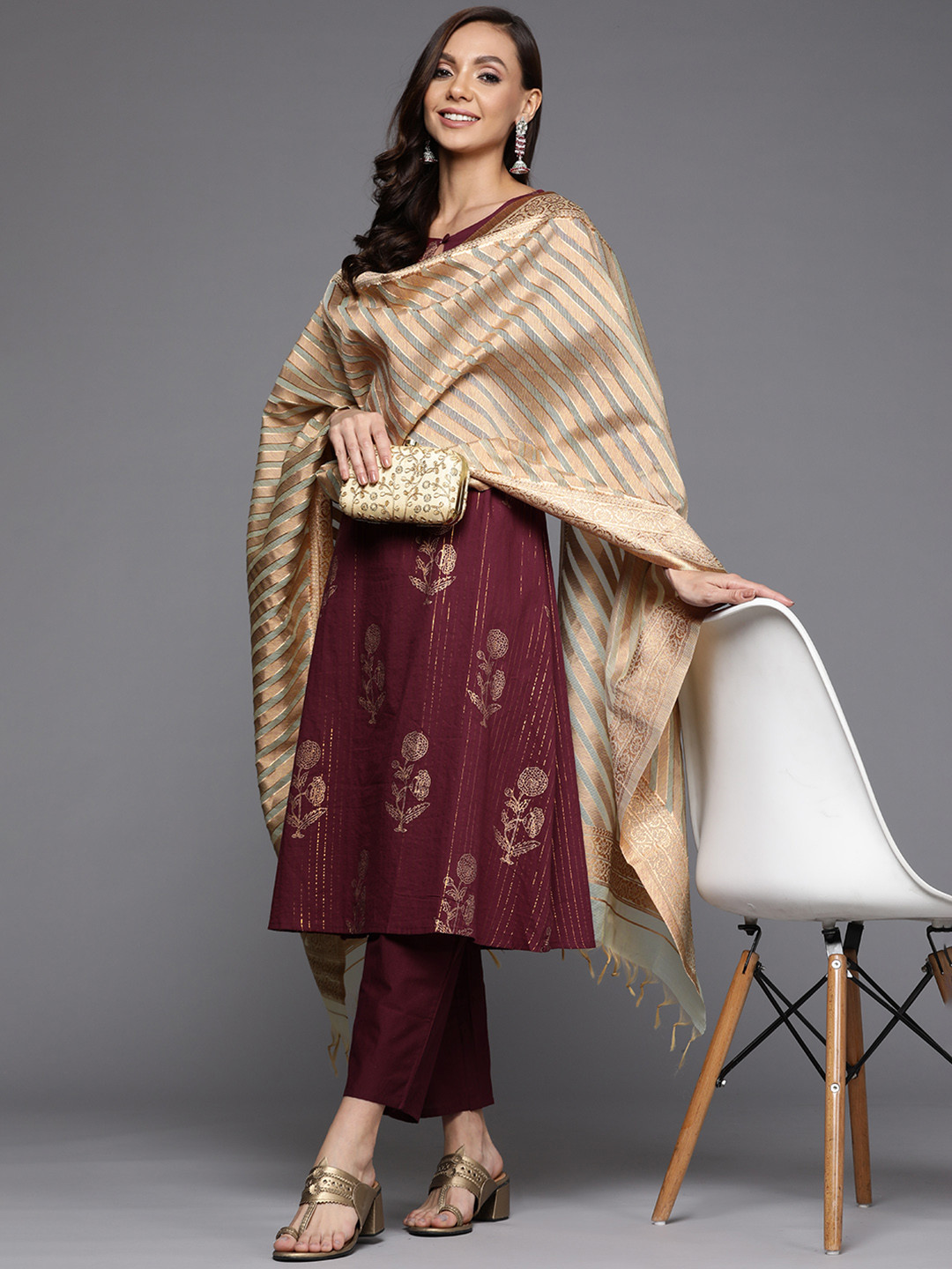 

Indo Era Women Burgundy Floral Printed Pure Cotton Kurta with Trousers & With Dupatta