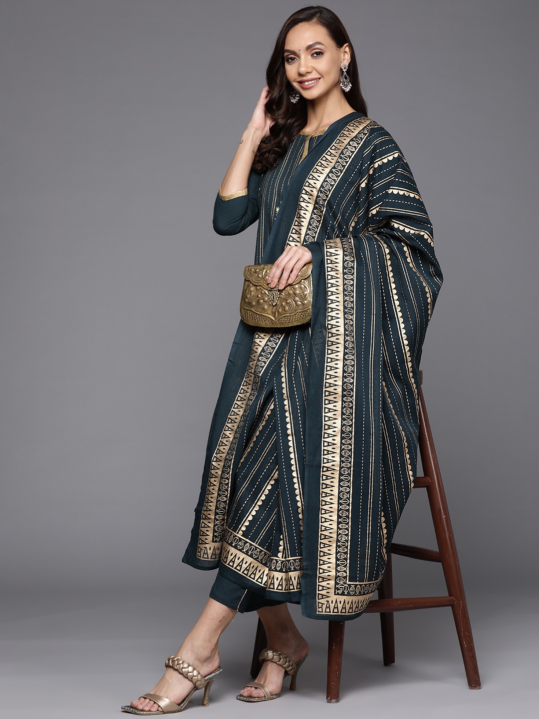 

Indo Era Women Teal Printed Pure Cotton Kurta with Trousers & With Dupatta