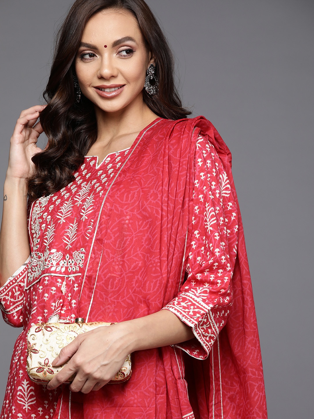 

Indo Era Women Coral Ethnic Motifs Printed Gotta Patti Kurta with Palazzos & With Dupatta