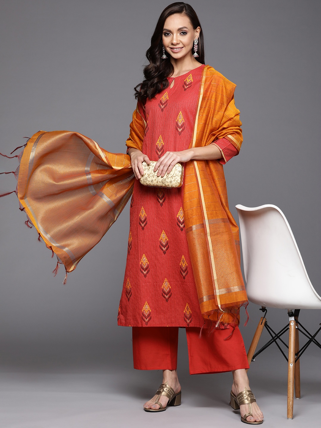 

Indo Era Women Red Floral Printed Kurta with Trousers & With Dupatta