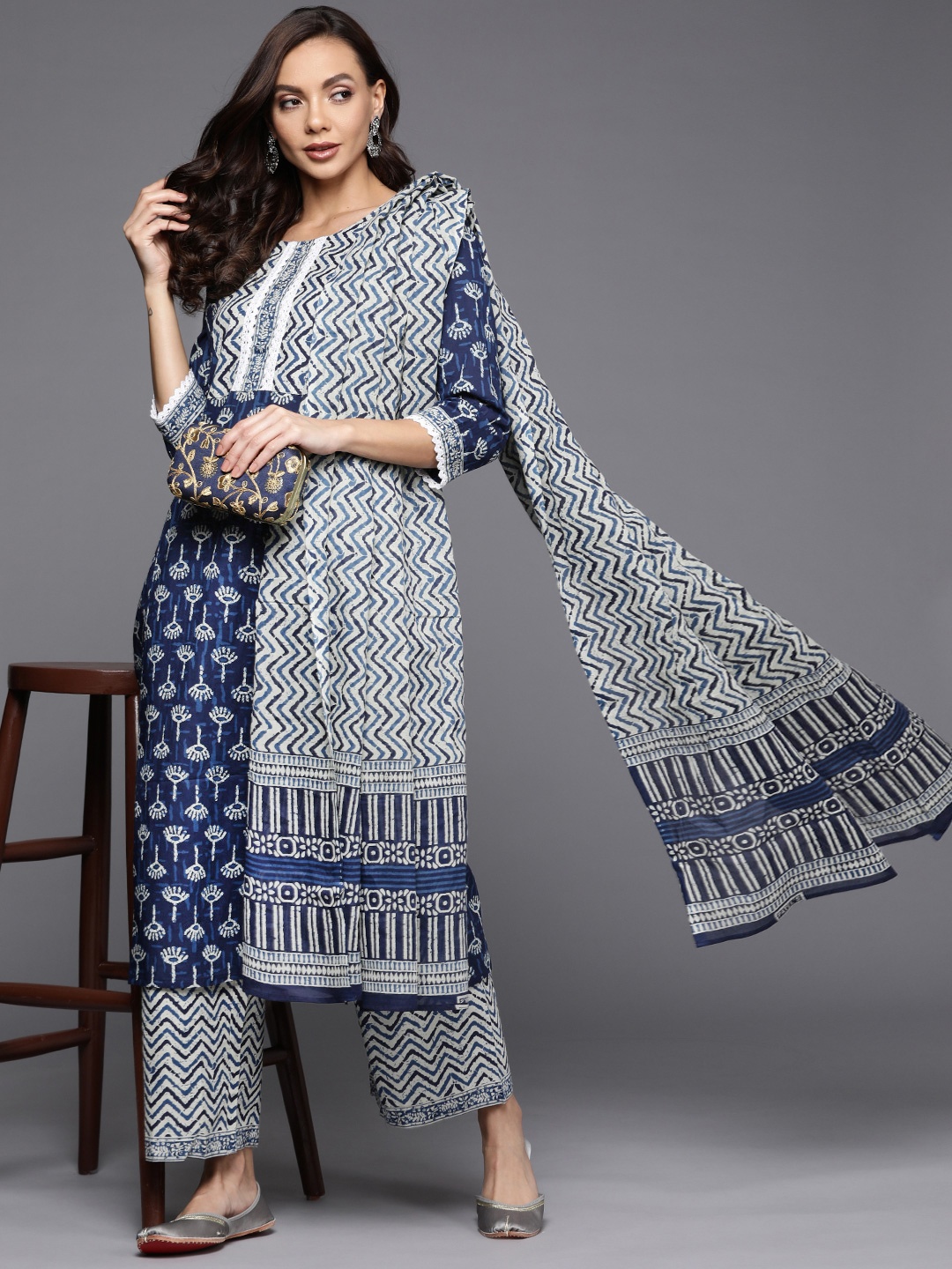 

Indo Era Women Navy Blue Ethnic Motifs Printed Kurta with Palazzos & With Dupatta
