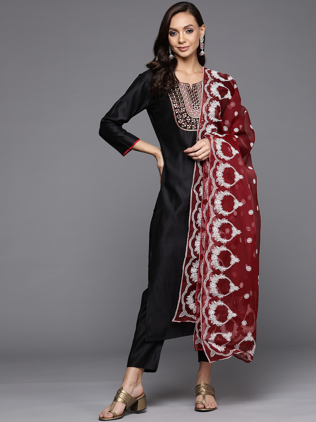 

Indo Era Women Black Ethnic Motifs Embroidered Sequinned Kurta with Trousers & With Dupatta
