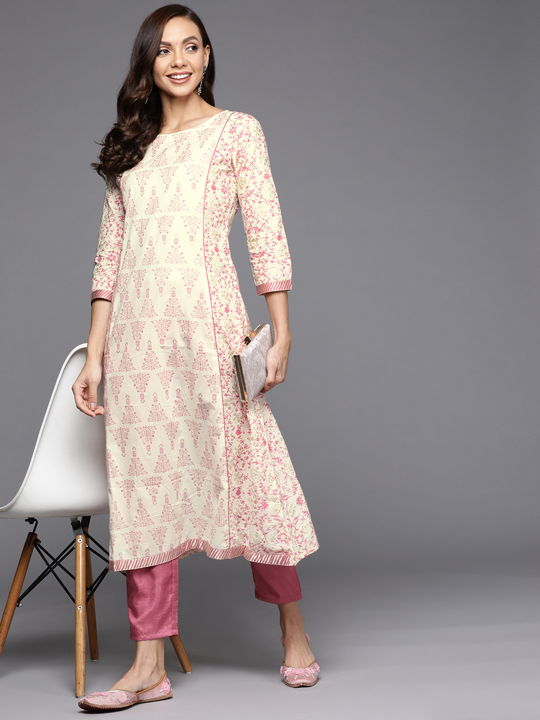 

Indo Era Women Off White Ethnic Motifs Printed Panelled Pure Cotton Kurta with Trousers