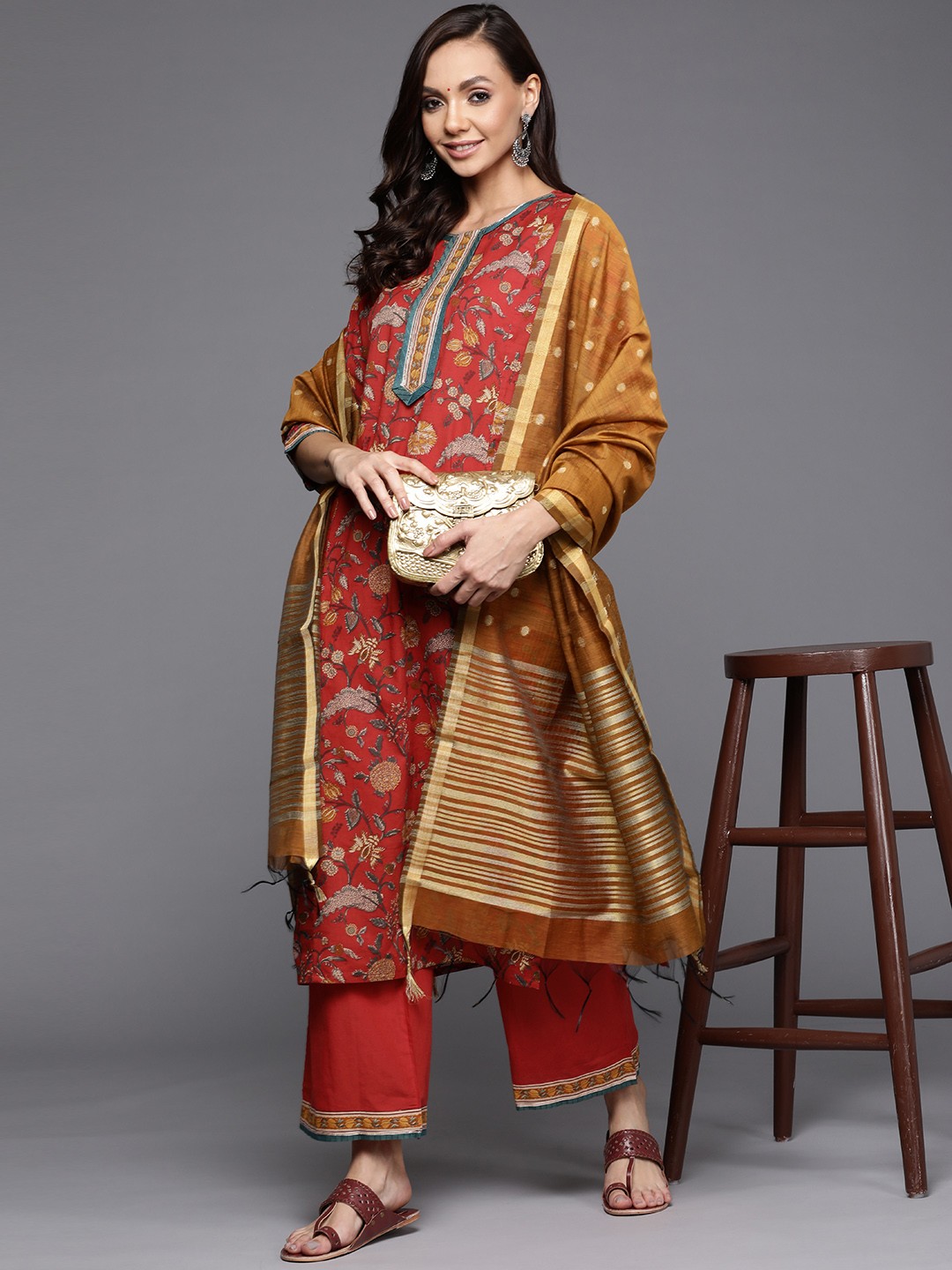 

Indo Era Women Red Ethnic Motifs Printed Gotta Patti Pure Cotton Kurta with Palazzos & With Dupatta