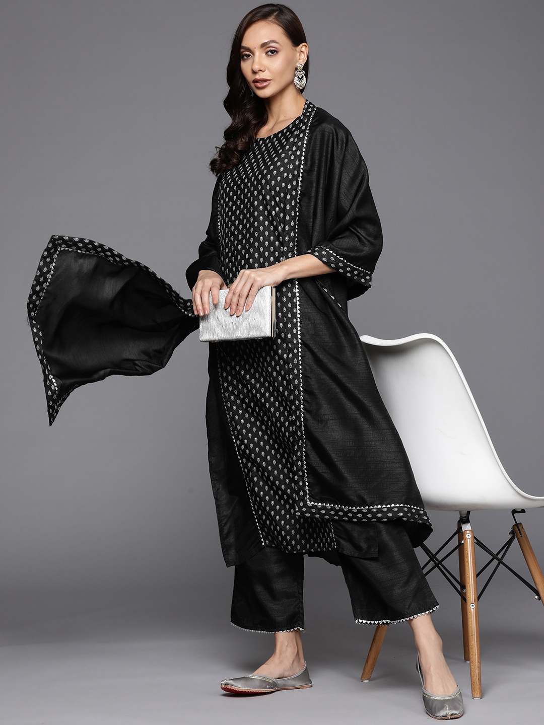 

Indo Era Women Black Ethnic Motifs Printed Gotta Patti Kurta with Trousers & With Dupatta