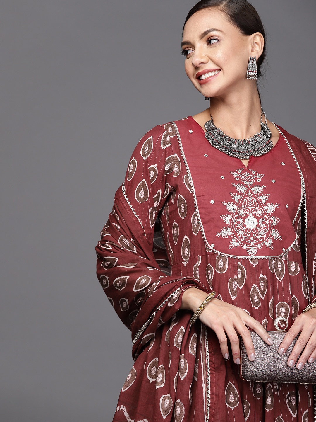 

Indo Era Women Maroon & Brown Ethnic Motifs Printed Kurta with Trousers & Dupatta