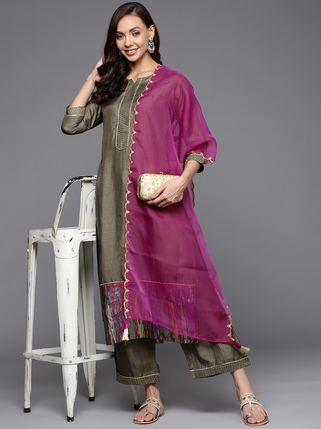 

Indo Era Women Taupe Embroidered Patchwork Kurta with Palazzos & With Dupatta