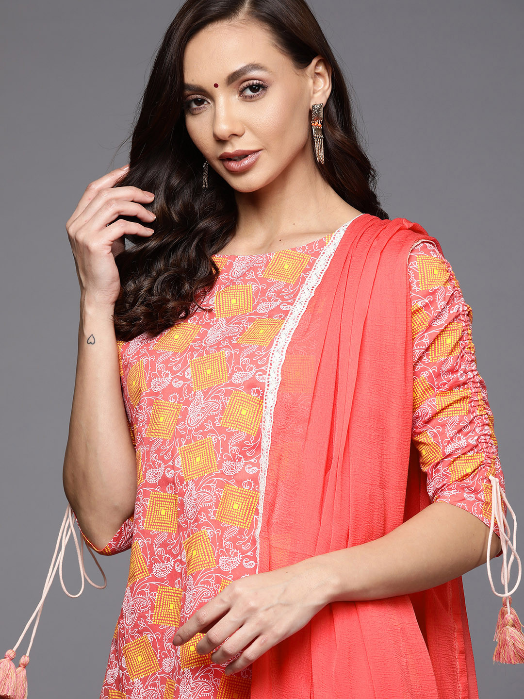 

Indo Era Women Coral Red Ethnic Motifs Printed Kurta with Trousers & With Dupatta