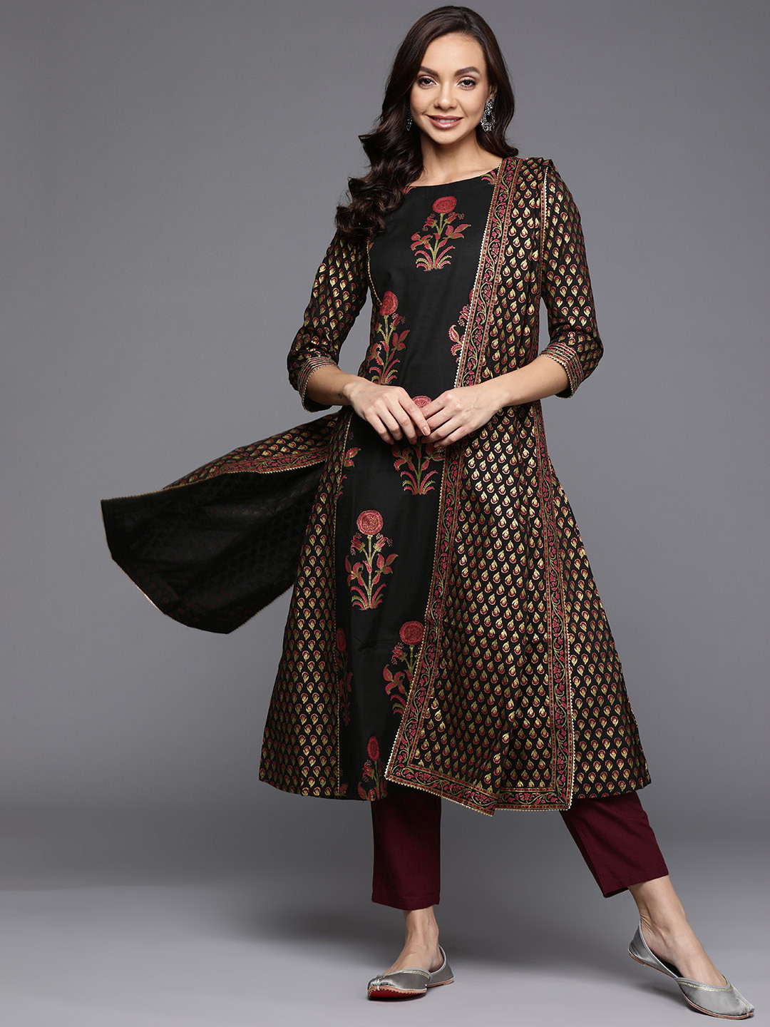 

Indo Era Women Black Ethnic Motifs Printed Kurta with Trousers & With Dupatta