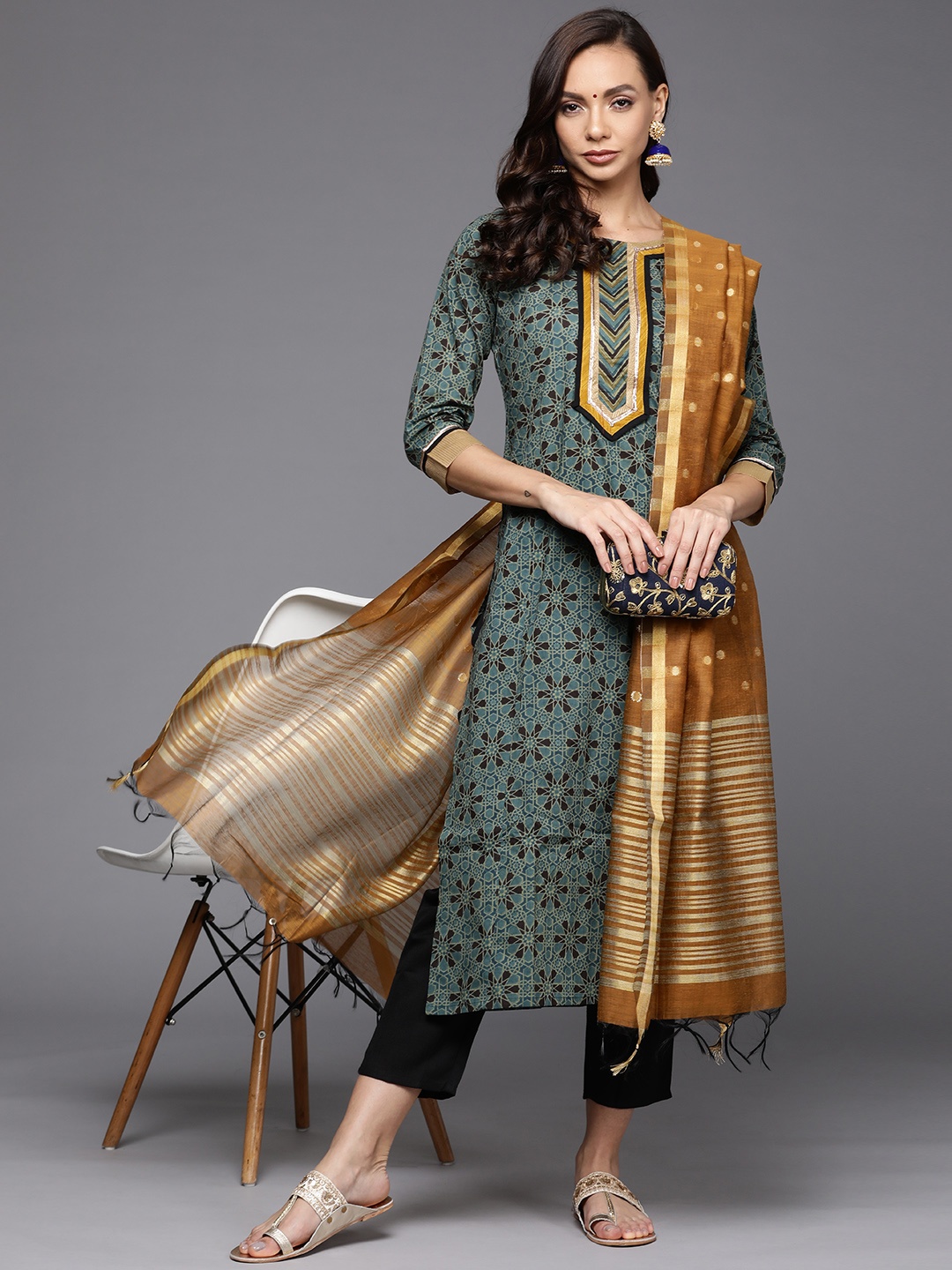 

Indo Era Women Teal Green Printed Gotta Patti Cotton Kurta with Palazzos & With Dupatta