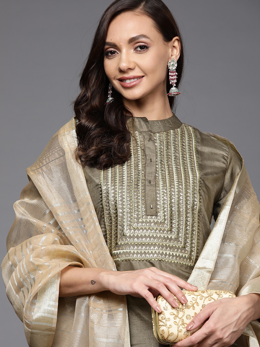 

Indo Era Women Taupe Embroidered Sequinned Kurta with Trousers & With Dupatta
