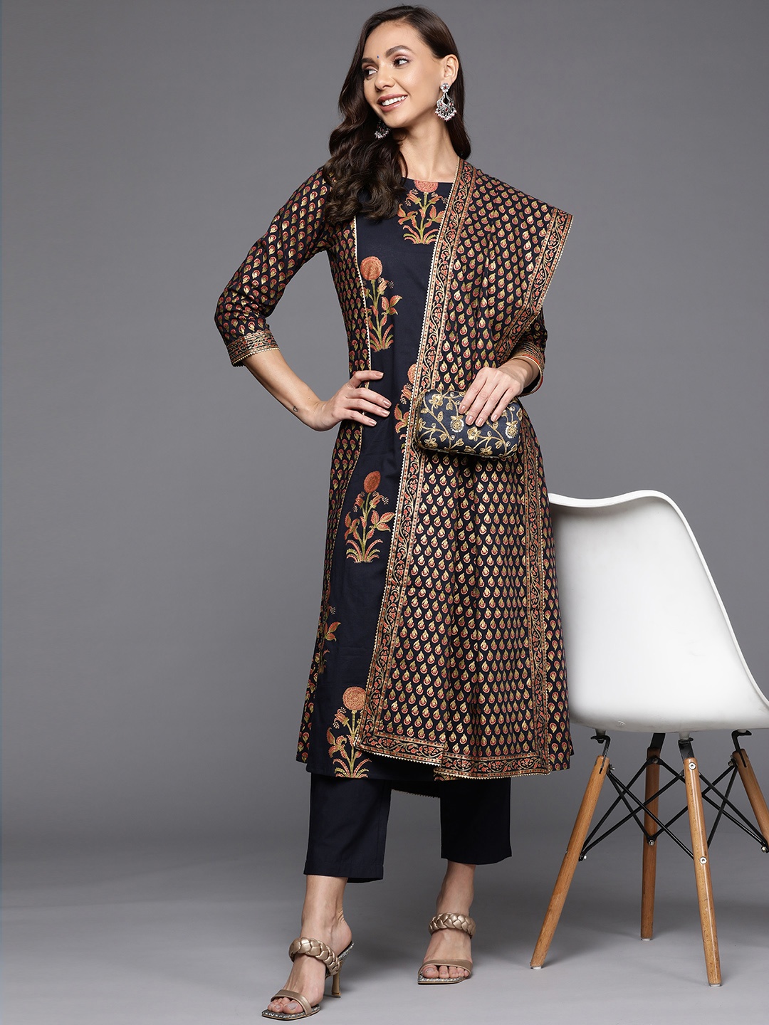 

Indo Era Women Navy Blue Ethnic Motifs Printed Kurta with Trousers & With Dupatta