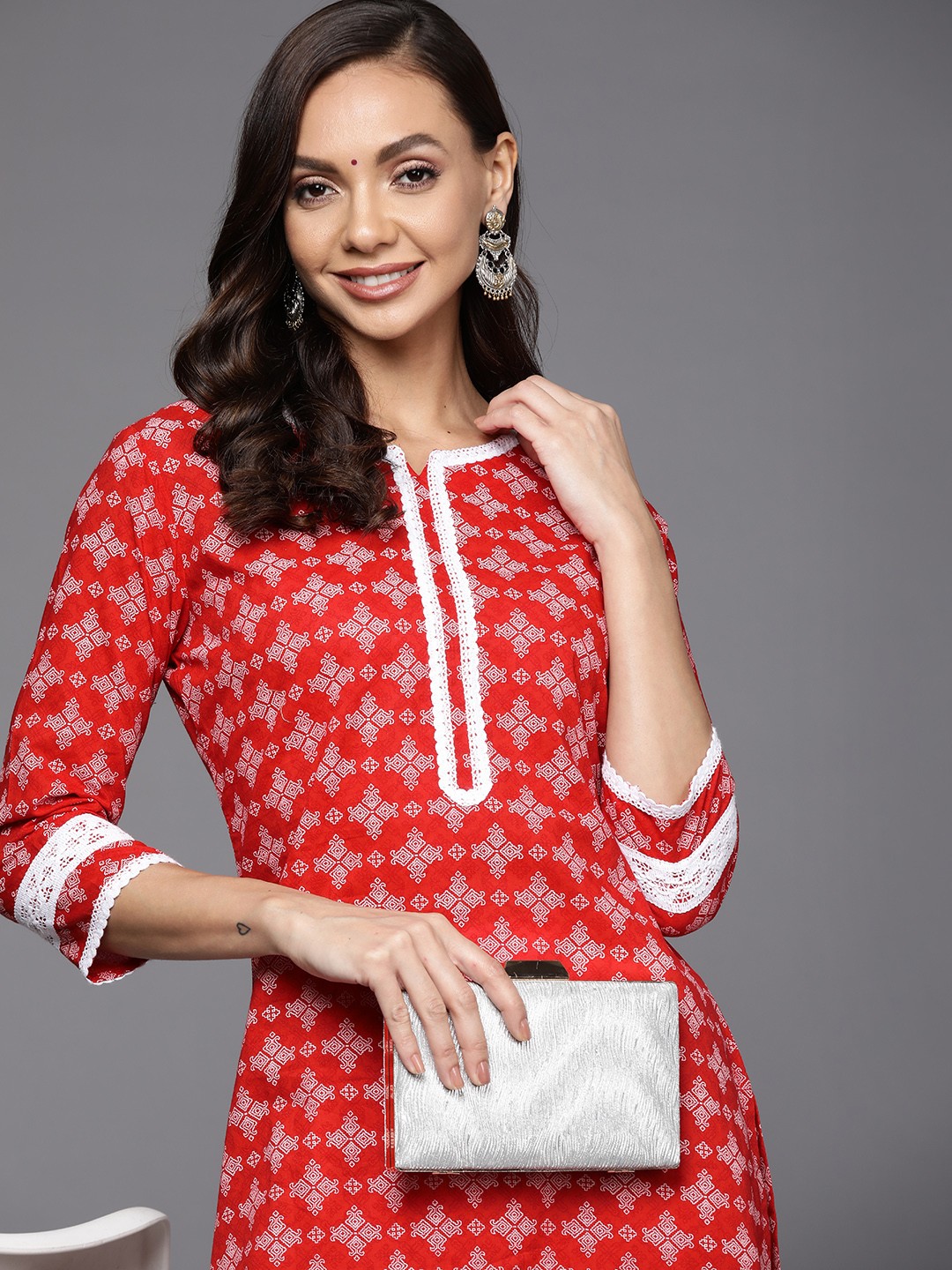 

Indo Era Women Red Pure Cotton Khari Printed Thread Work Kurta with Trousers