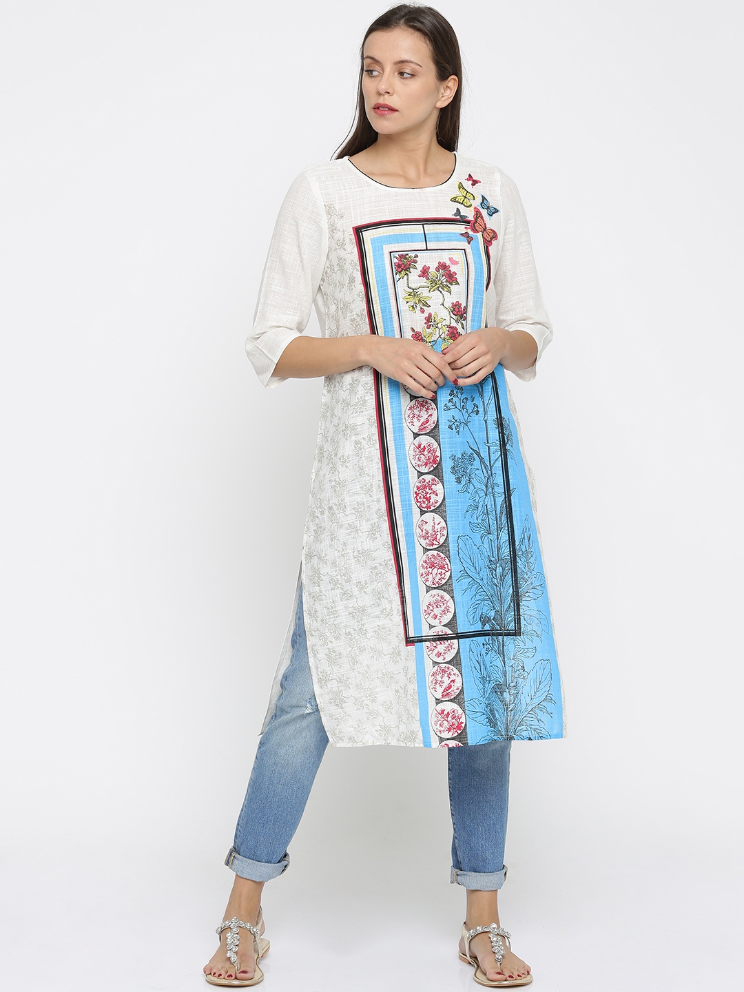 

AURELIA Women White Floral Printed Straight Kurta