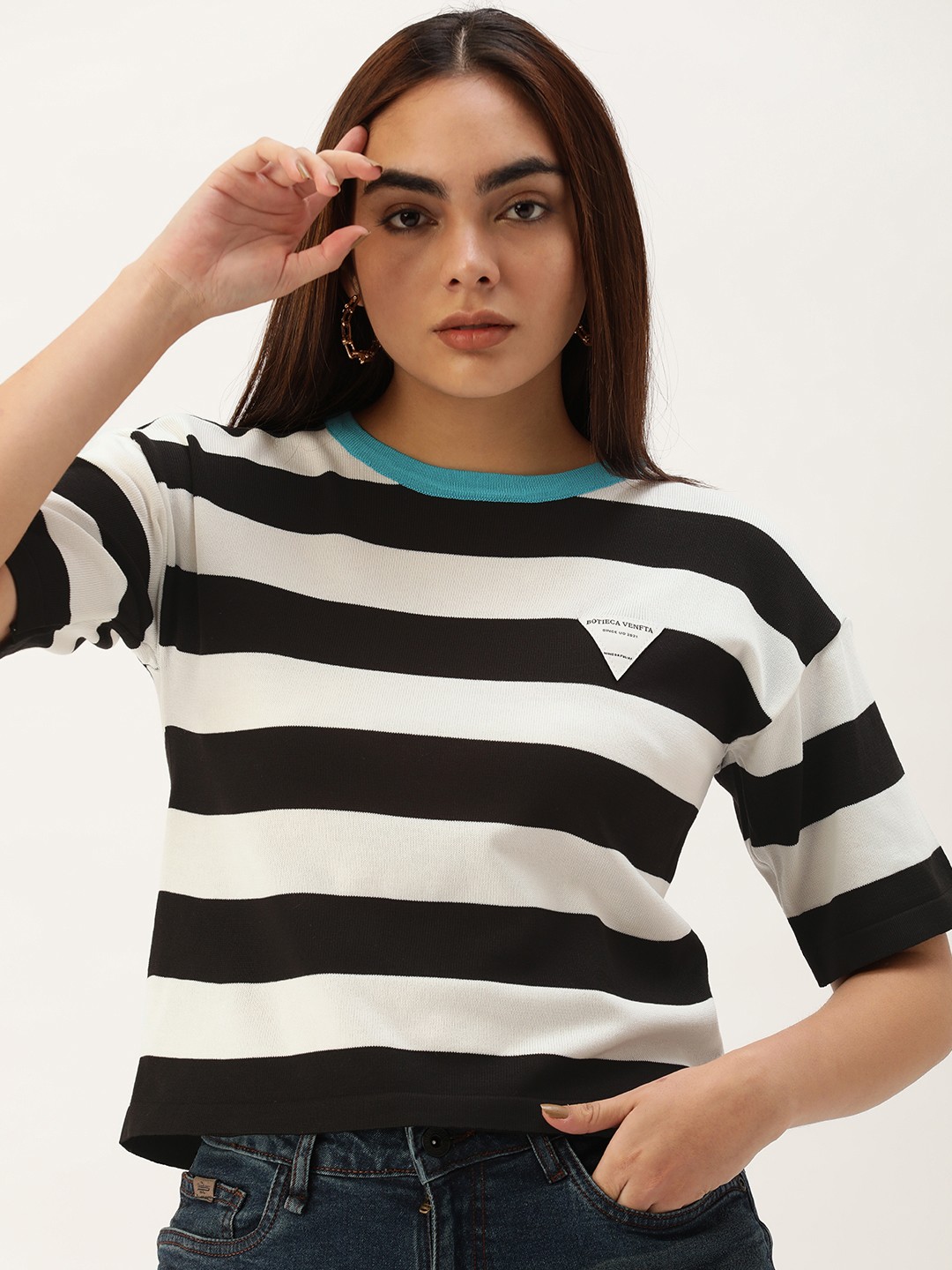 

SHECZZAR Women Black & White Striped Applique Detail T-shirt