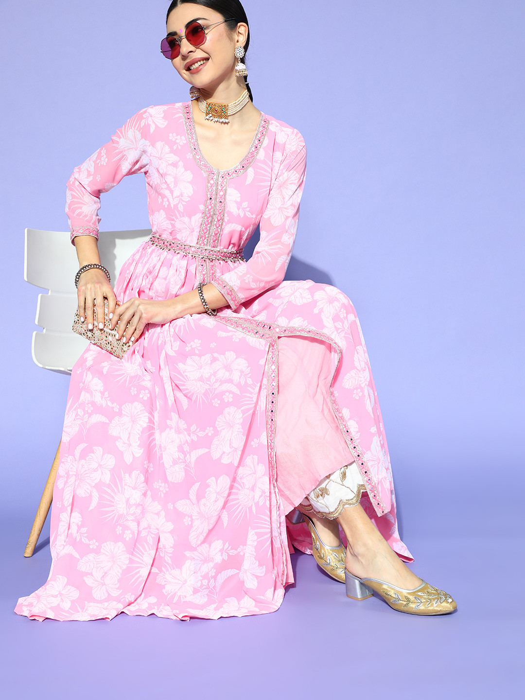 

ZOLA Pretty Pink Georgette Swirling Volume Kurta