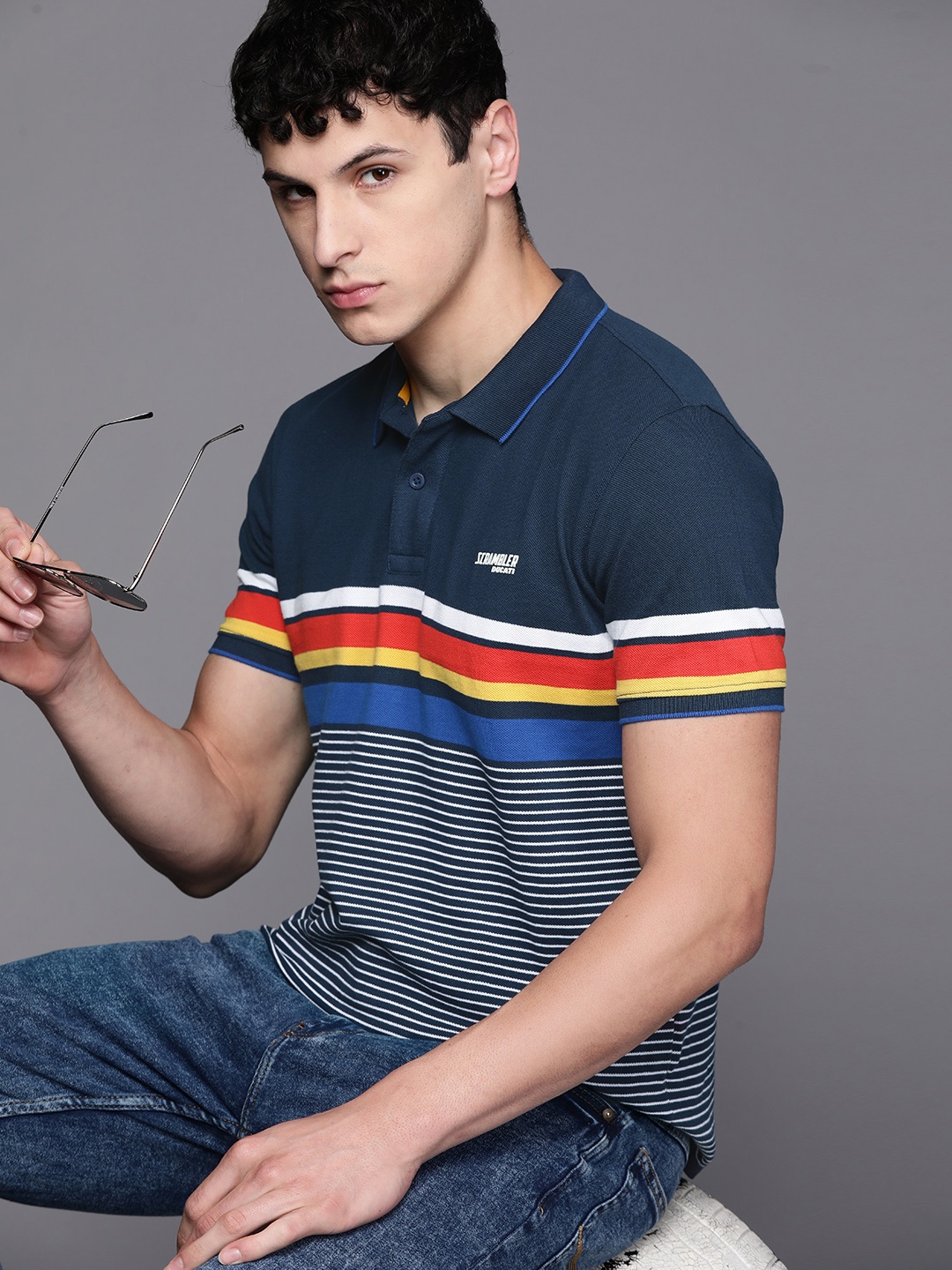 

Ducati Striped Polo Collar Pure Cotton T-shirt, Navy blue