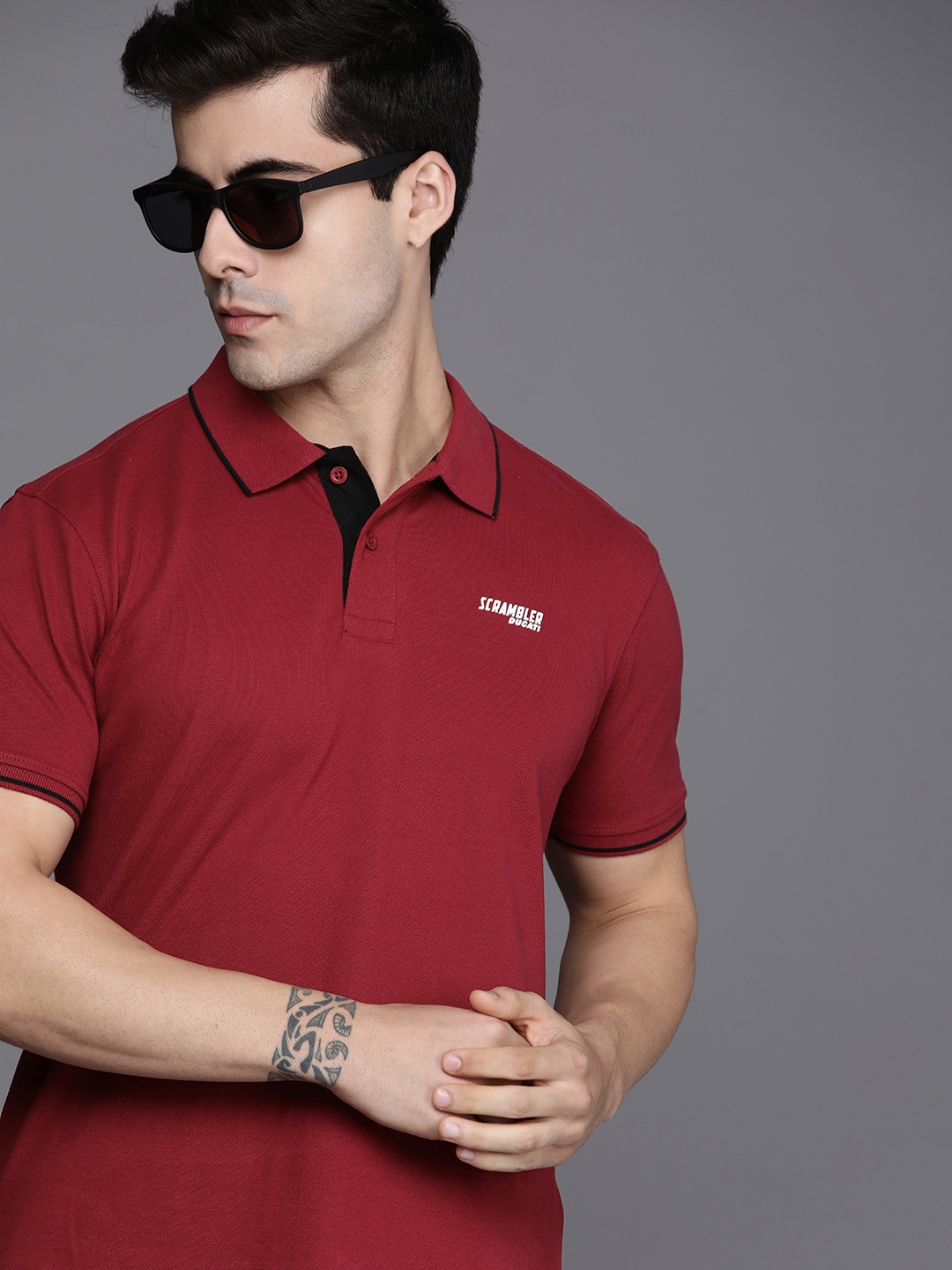 

Ducati Men Maroon Self Design Polo Collar Pure Cotton T-shirt