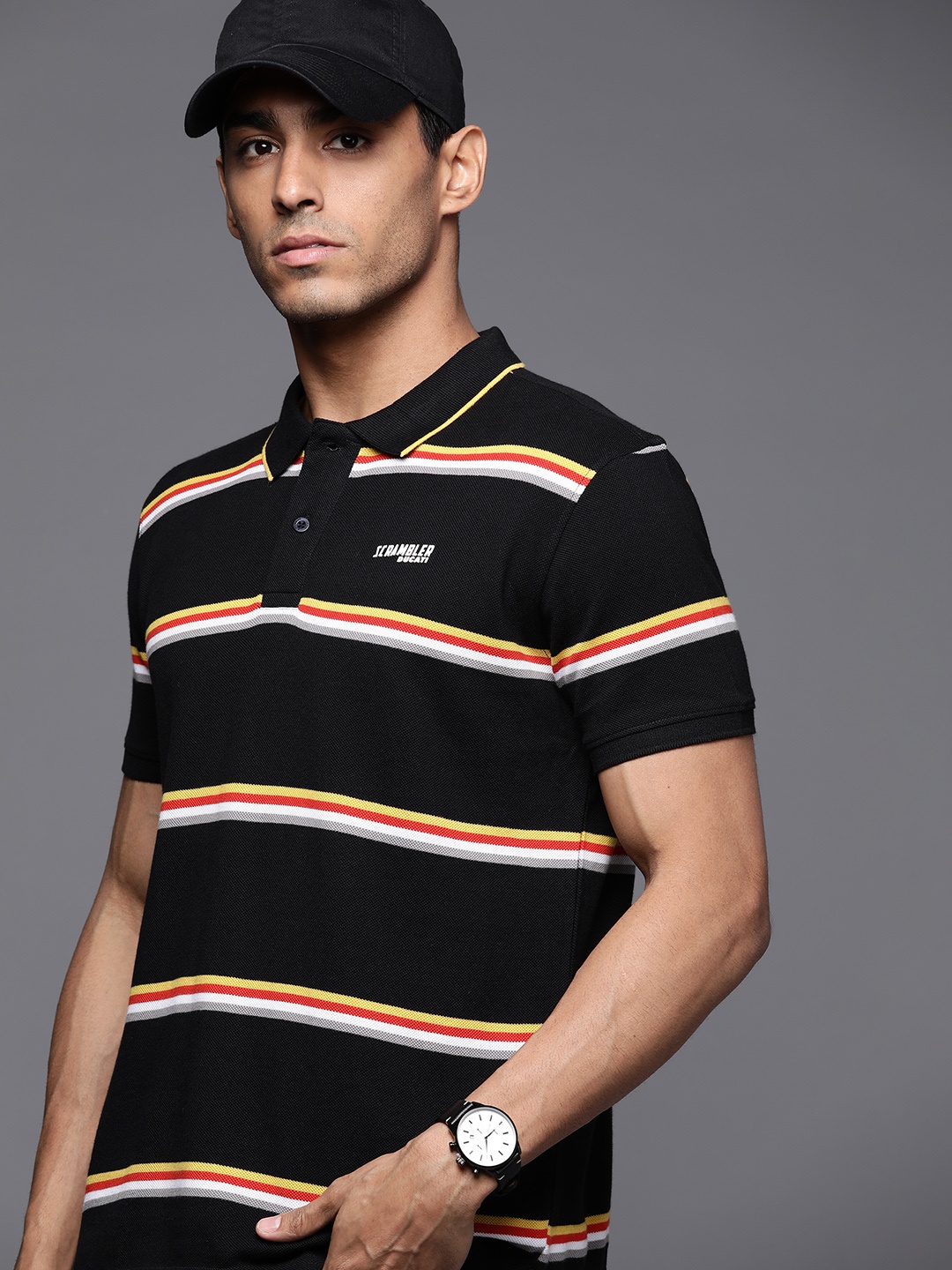 

Ducati Men Striped Polo Collar Pure Cotton T-shirt, Black