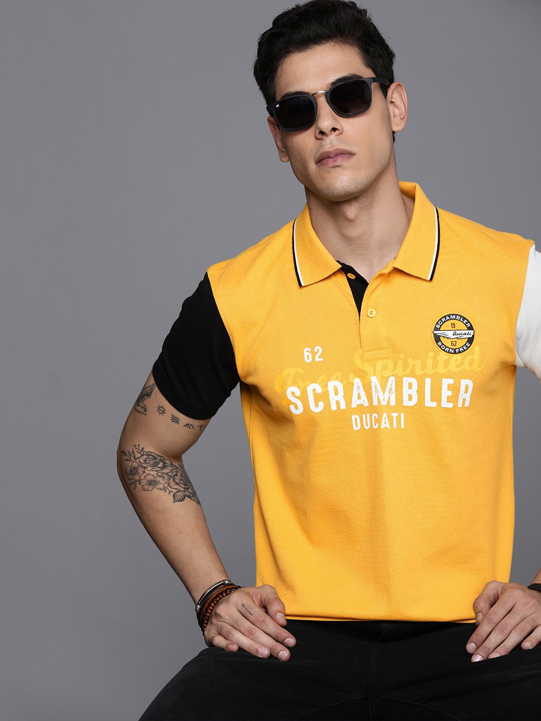 

Ducati Men Yellow & White Typography Printed Polo Collar Pure Cotton T-shirt