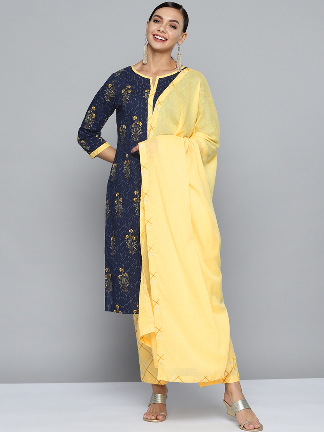 

HERE&NOW Women Navy Blue & Yellow Printed Pure Cotton Kurta with Palazzos & Dupatta