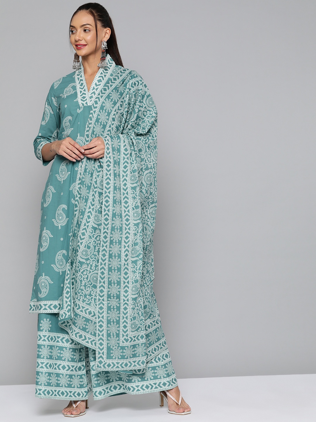 

HERE&NOW Women Blue Paisley Printed Pure Cotton Kurta with Palazzos & With Dupatta