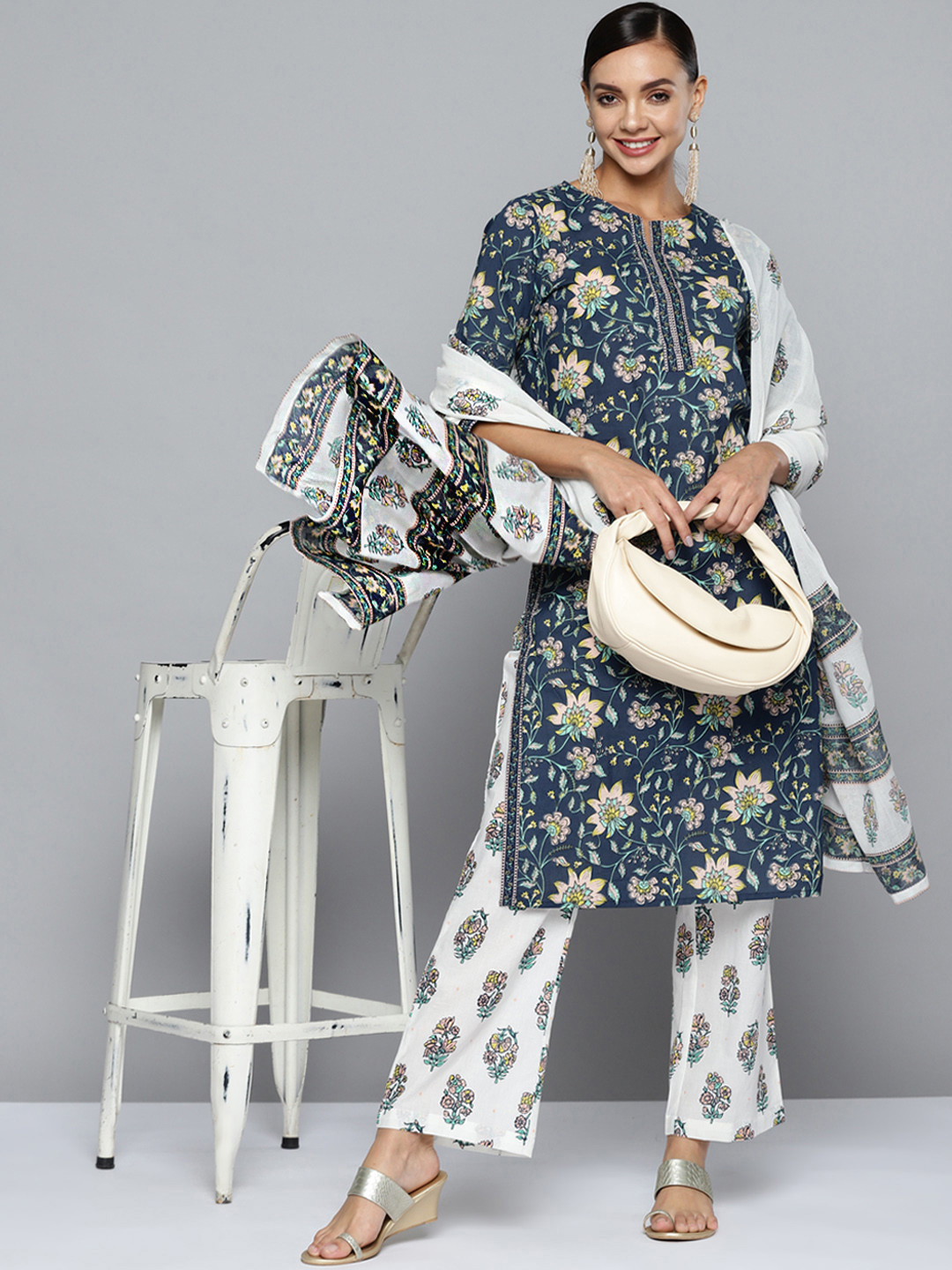 

HERE&NOW Women Navy Blue Ethnic Motifs Printed Pure Cotton Kurta with Palazzos & With Dupatta