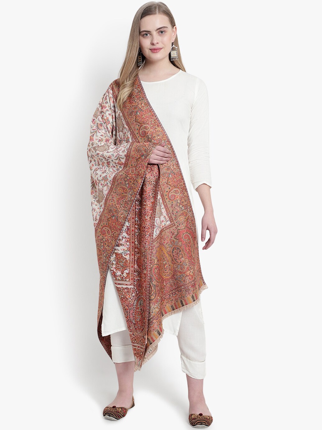 

Mizash Women Cream Floral Printed Woolen Shawl