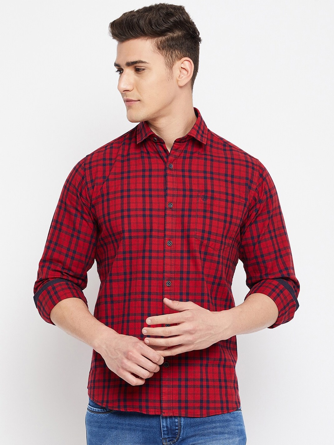 

Duke Men Red Slim Fit Tartan Checked Casual Cotton Shirt