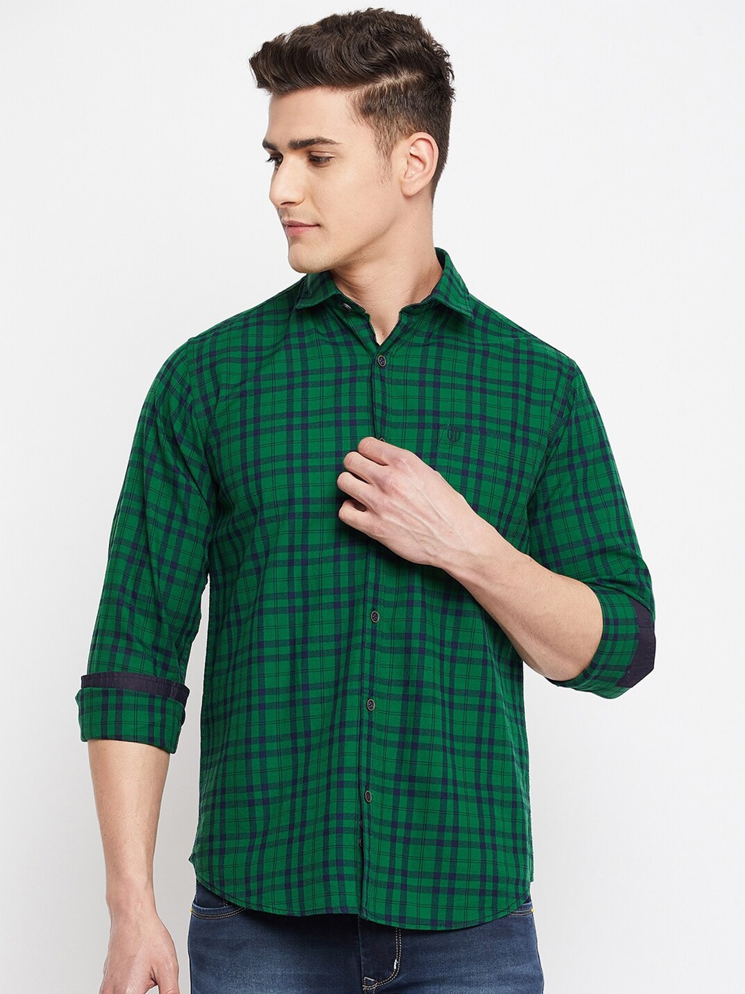 

Duke Men Green Slim Fit Tartan Checks Casual Shirt