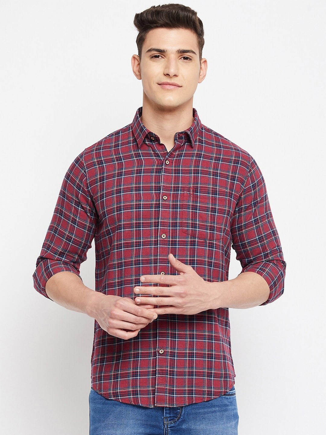 

Duke Men Red & Blue Slim Fit Tartan Checks Checked Cotton Casual Shirt