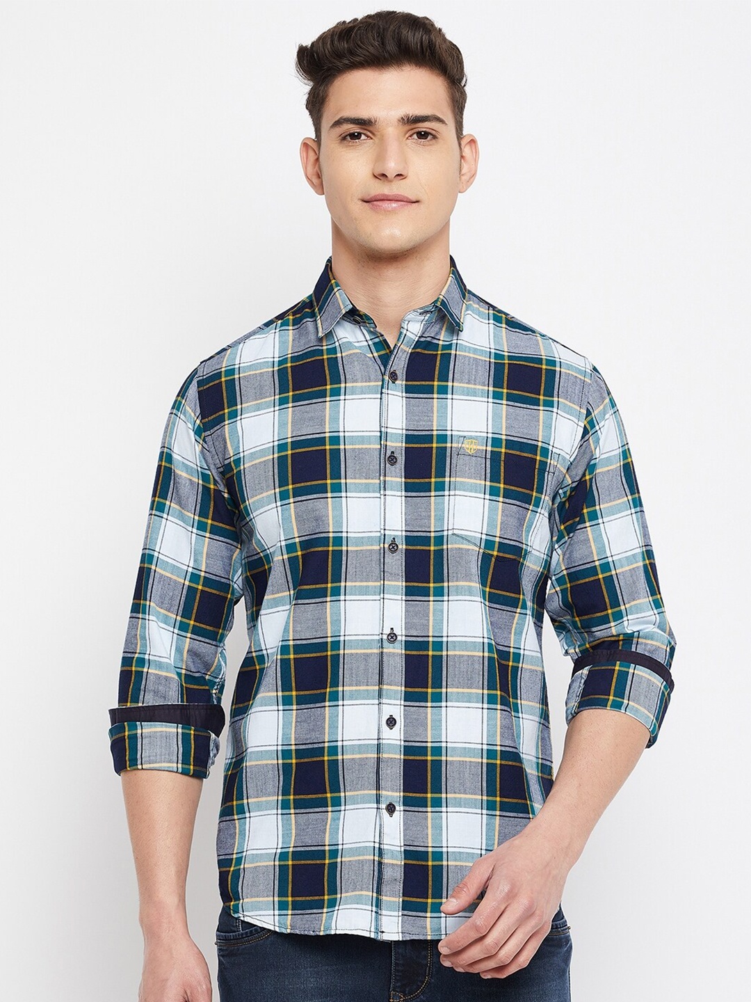

Duke Men Blue & White Slim Fit Tartan Checks Checked Cotton Casual Shirt